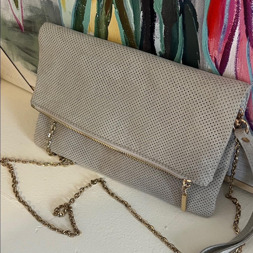 Urban Expressions Light Gray Perforated Fold-Over Clutch with Gold Chain